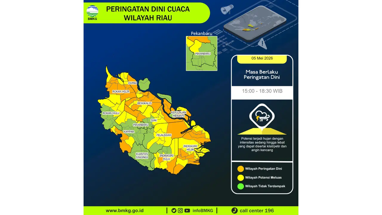 Prakiraan Cuaca Riau, 5 Mei 2026: Sejumlah Wilayah Berpotensi Hujan Lebat Disertai Petir dan Angin Kencang