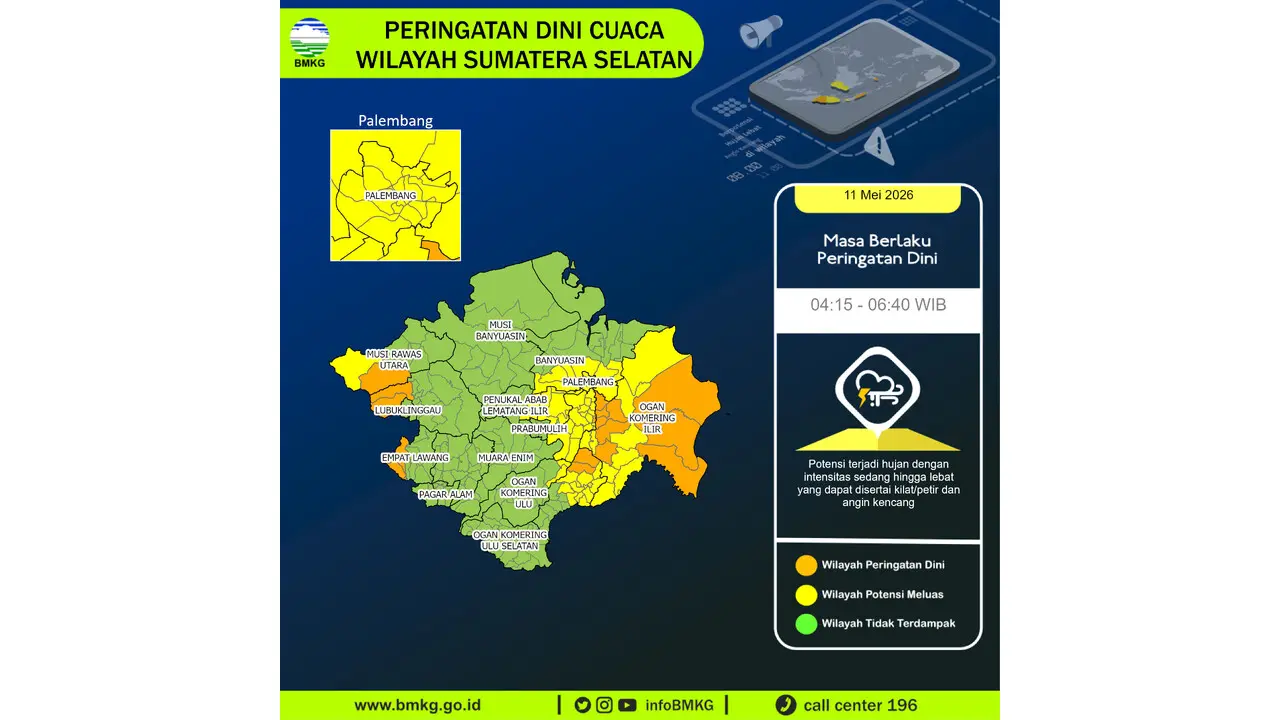 Prakiraan Cuaca Sumsel, 11 Mei 2026: Sejumlah Wilayah Berpotensi Hujan Lebat Disertai Petir dan Angin Kencang