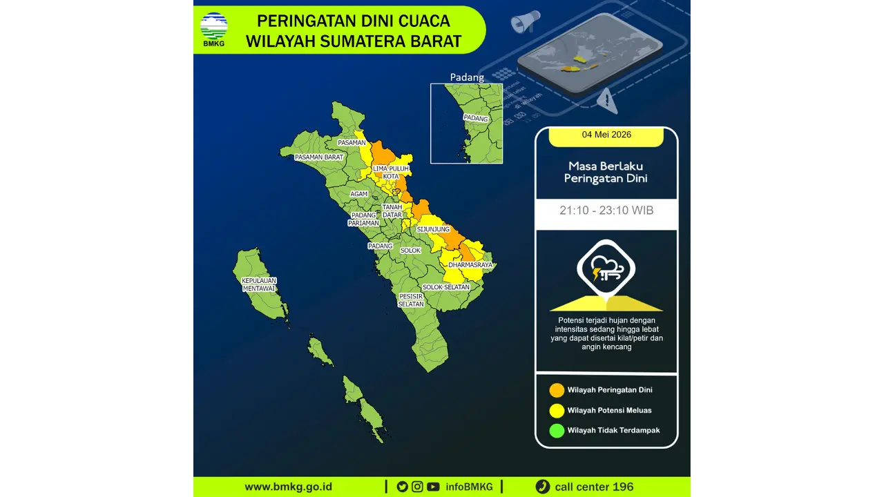 Prakiraan Cuaca Sumbar, 4 Mei 2026: Sejumlah Wilayah Berpotensi Hujan Lebat Disertai Petir dan Angin Kencang