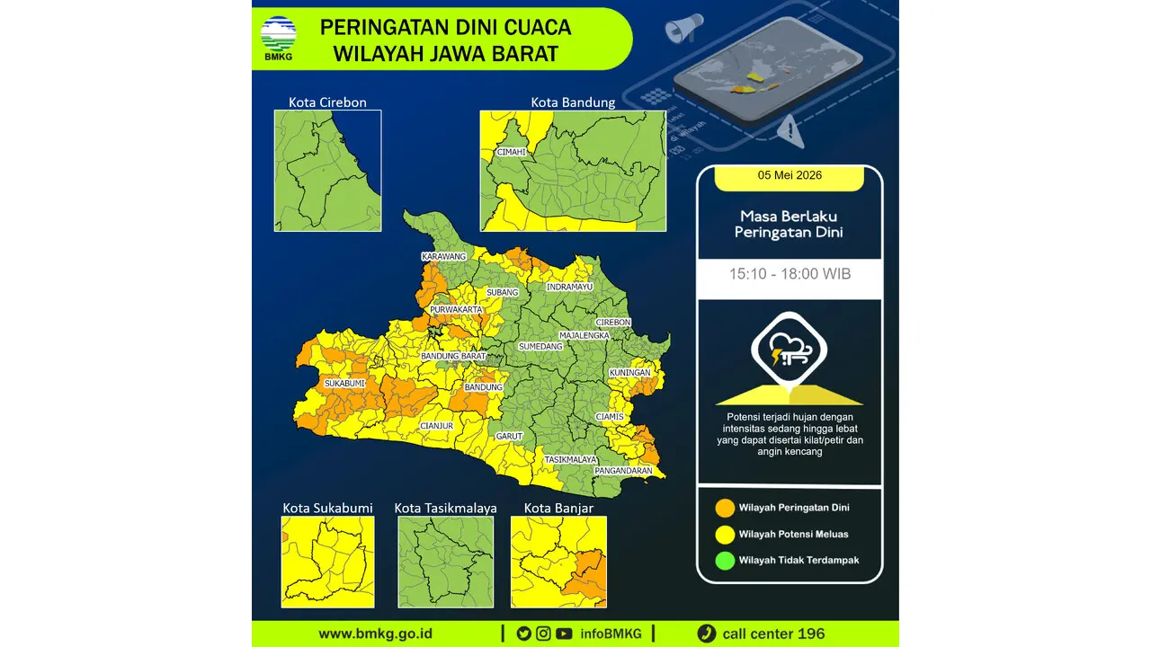 Prakiraan Cuaca Jabar, 5 Mei 2026: Sejumlah Wilayah Berpotensi Hujan Lebat Disertai Petir dan Angin Kencang