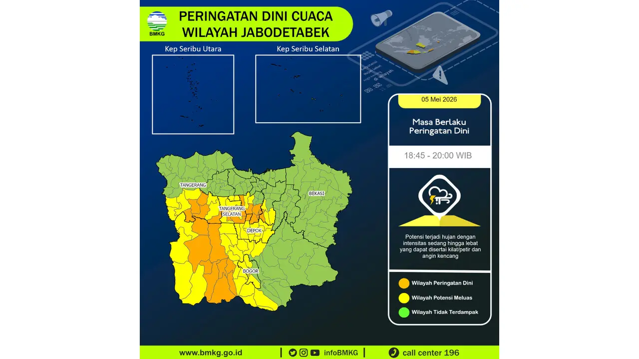 Prakiraan Cuaca Jabodetabek, 5 Mei 2026: Sejumlah Wilayah Berpotensi Hujan Lebat Disertai Petir dan Angin Kencang