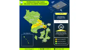 Prakiraan Cuaca Sultra, 11 Mei 2026: Sejumlah Wilayah Berpotensi Hujan Lebat Disertai Petir dan Angin Kencang