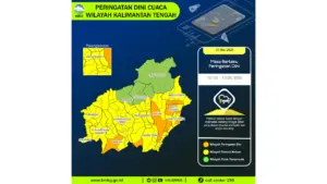 Prakiraan Cuaca Kalteng, 10 Mei 2026: Sejumlah Wilayah Berpotensi Hujan Lebat Disertai Petir dan Angin Kencang