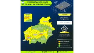 Prakiraan Cuaca Kalteng, 7 Mei 2026: Sejumlah Wilayah Berpotensi Hujan Lebat Disertai Petir dan Angin Kencang