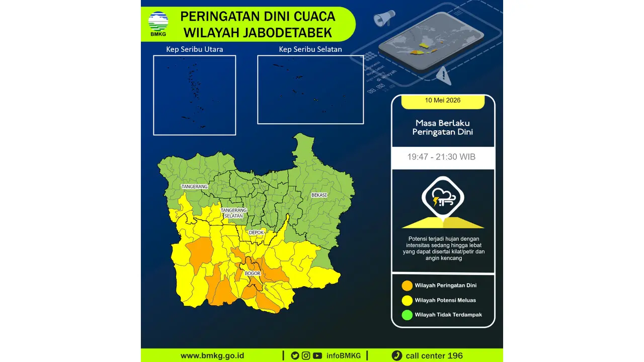 Prakiraan Cuaca Jabodetabek, 10 Mei 2026: Sejumlah Wilayah Berpotensi Hujan Lebat Disertai Petir dan Angin Kencang