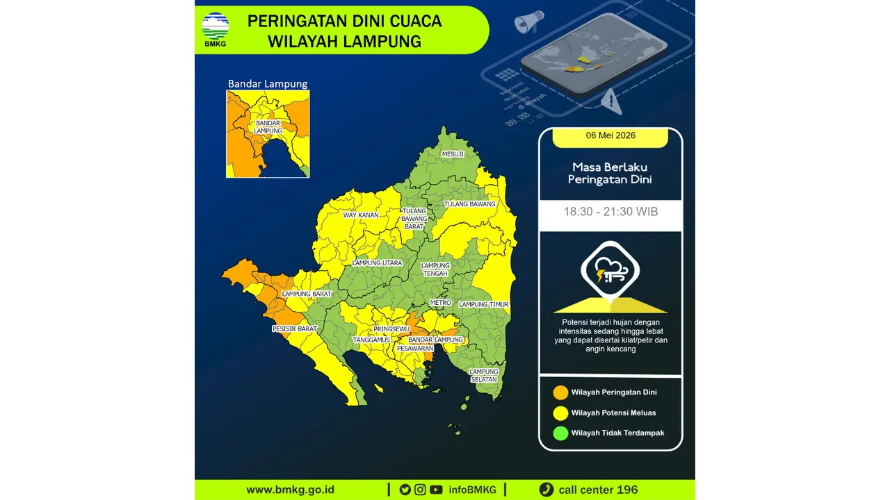 Prakiraan Cuaca Lampung, 6 Mei 2026: Sejumlah Wilayah Berpotensi Hujan Lebat Disertai Petir dan Angin Kencang