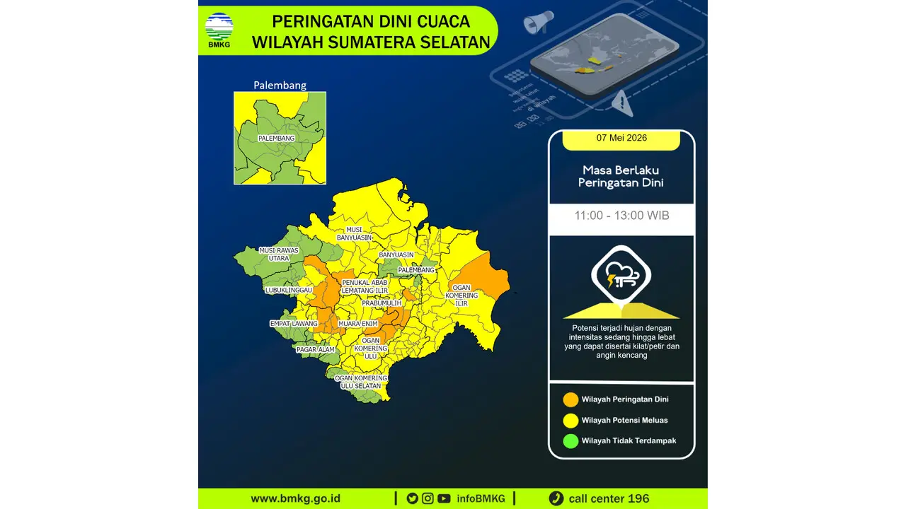 Prakiraan Cuaca Sumsel, 7 Mei 2026: Sejumlah Wilayah Berpotensi Hujan Lebat Disertai Petir dan Angin Kencang