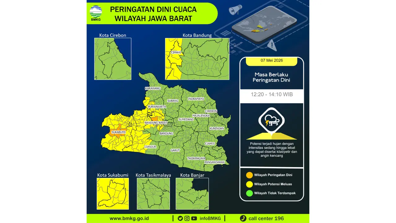 Prakiraan Cuaca Jabar, 7 Mei 2026: Sejumlah Wilayah Berpotensi Hujan Lebat Disertai Petir dan Angin Kencang