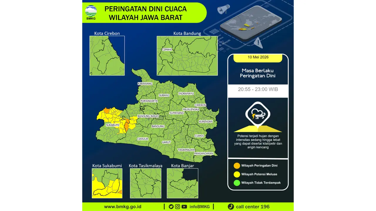 Prakiraan Cuaca Jabar, 10 Mei 2026: Sejumlah Wilayah Berpotensi Hujan Lebat Disertai Petir dan Angin Kencang