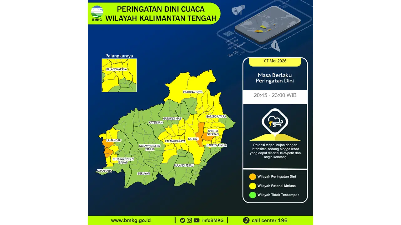 Prakiraan Cuaca Kalteng, 7 Mei 2026: Sejumlah Wilayah Berpotensi Hujan Lebat Disertai Petir dan Angin Kencang