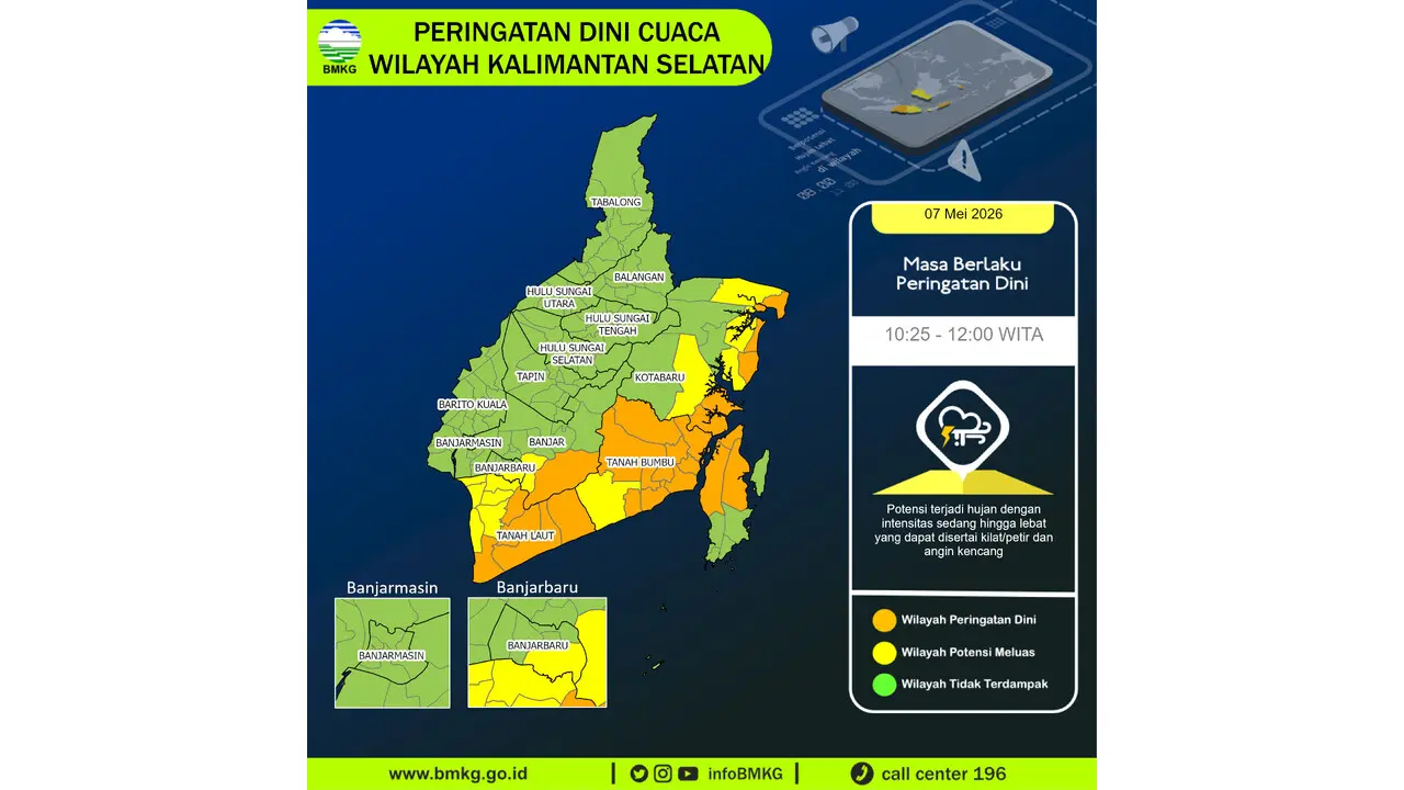 Prakiraan Cuaca Kalsel, 7 Mei 2026: Sejumlah Wilayah Berpotensi Hujan Lebat Disertai Petir dan Angin Kencang