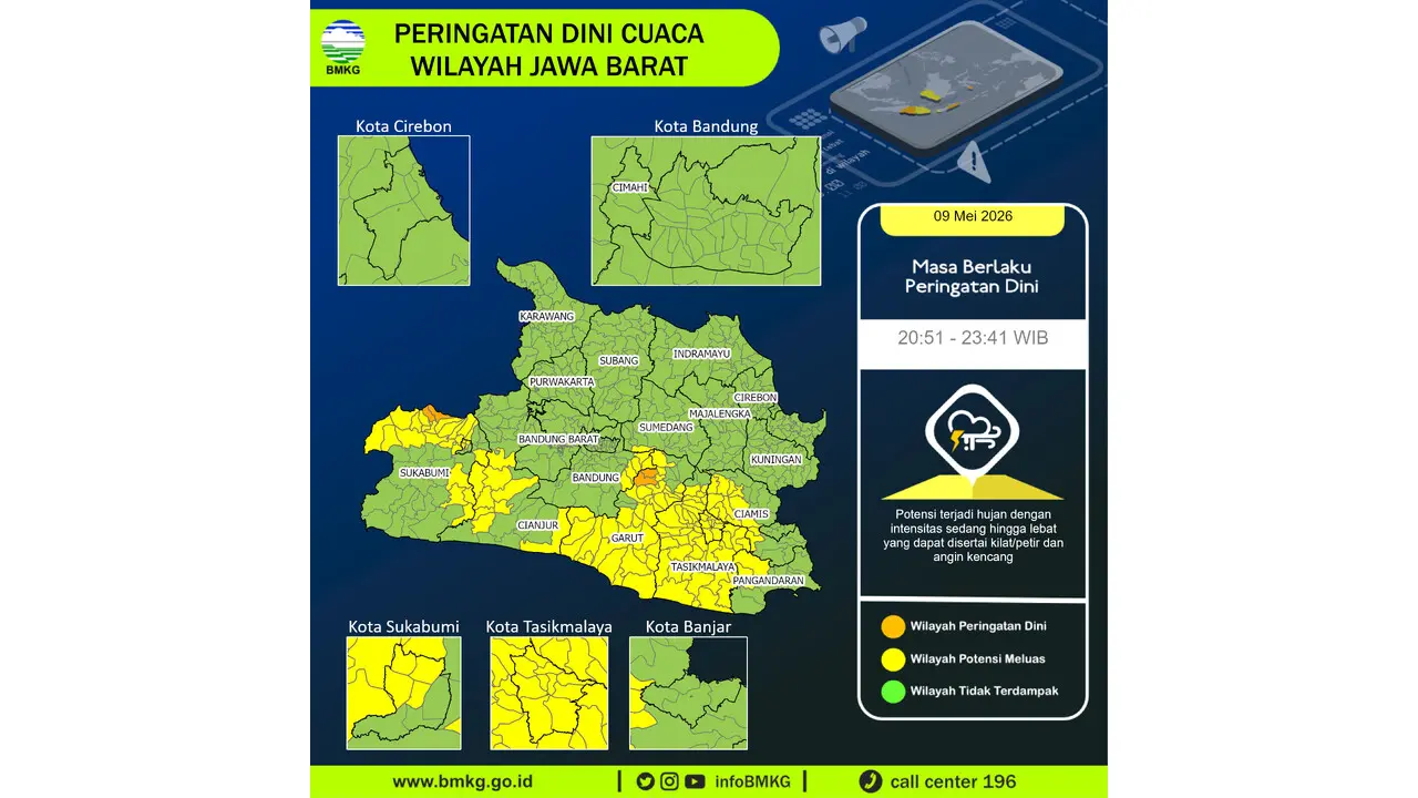 Prakiraan Cuaca Jabar, 9 Mei 2026: Sejumlah Wilayah Berpotensi Hujan Lebat Disertai Petir dan Angin Kencang