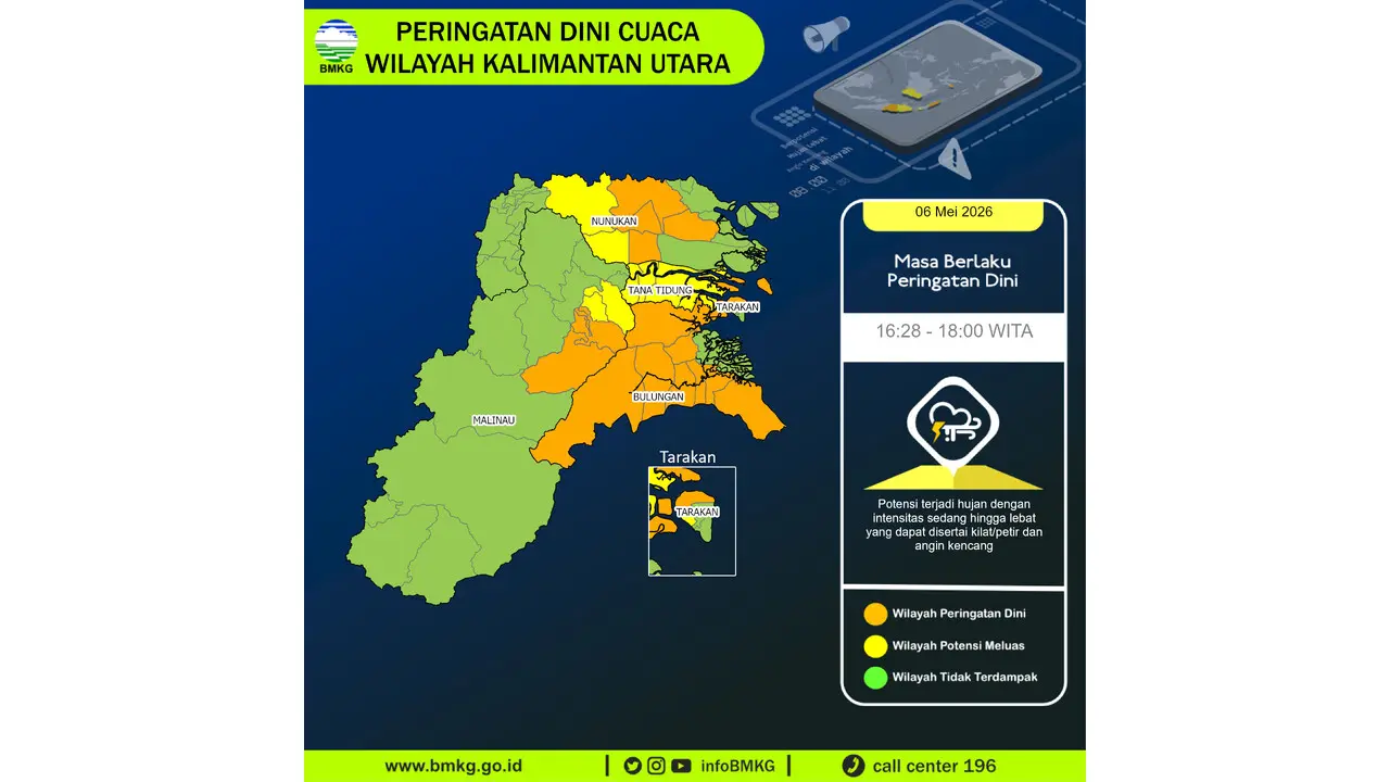 Prakiraan Cuaca Kaltara, 6 Mei 2026: Sejumlah Wilayah Berpotensi Hujan Lebat Disertai Petir dan Angin Kencang