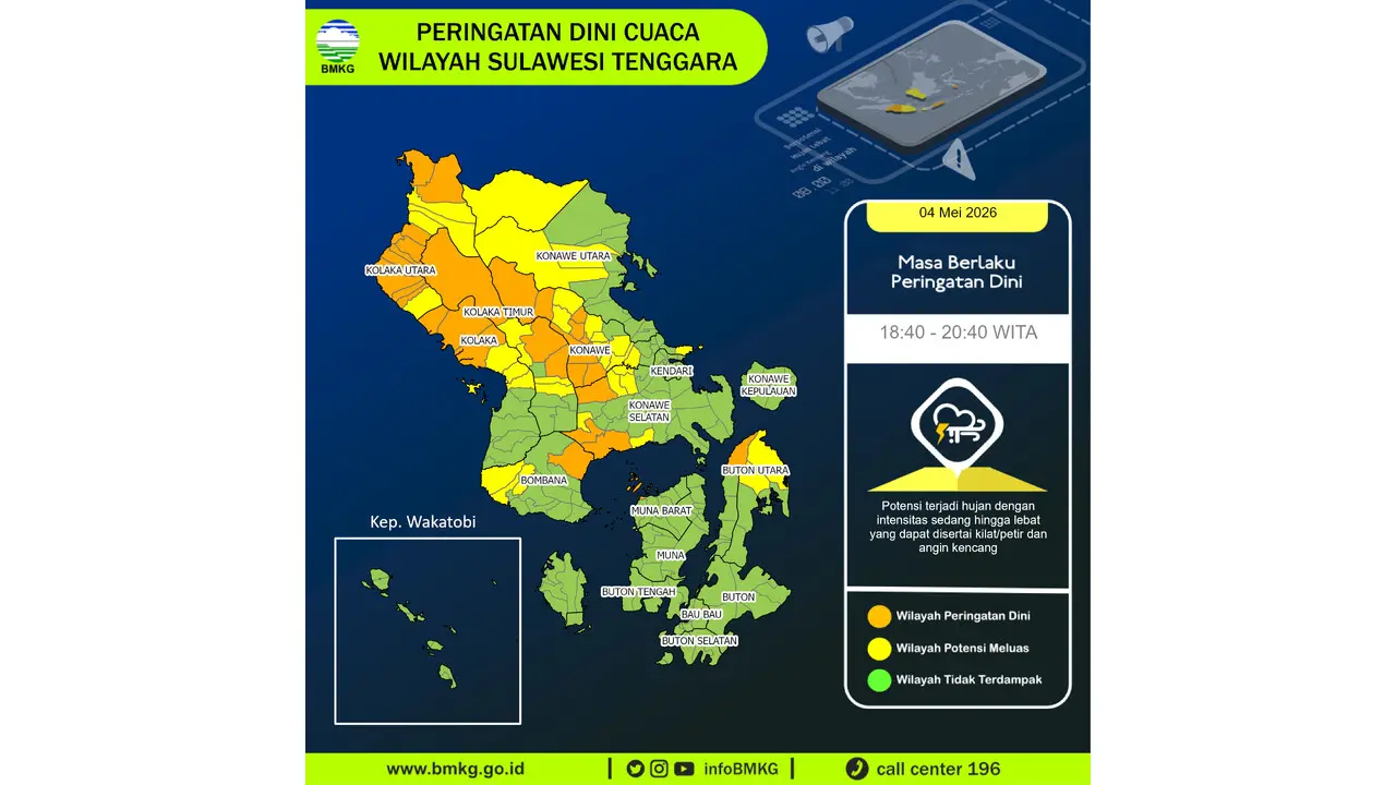 Prakiraan Cuaca Sultra, 5 Mei 2026: Sejumlah Wilayah Berpotensi Hujan Lebat Disertai Petir dan Angin Kencang