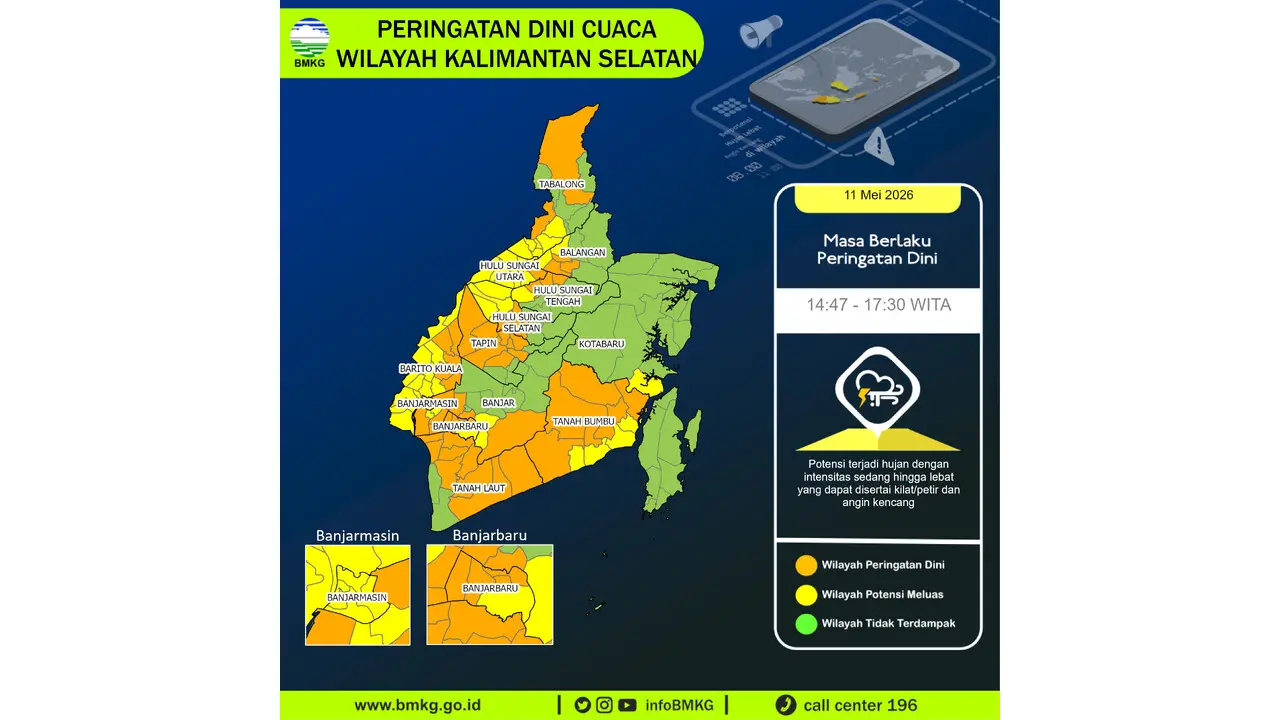 Prakiraan Cuaca Kalsel, 11 Mei 2026: Sejumlah Wilayah Berpotensi Hujan Lebat Disertai Petir dan Angin Kencang