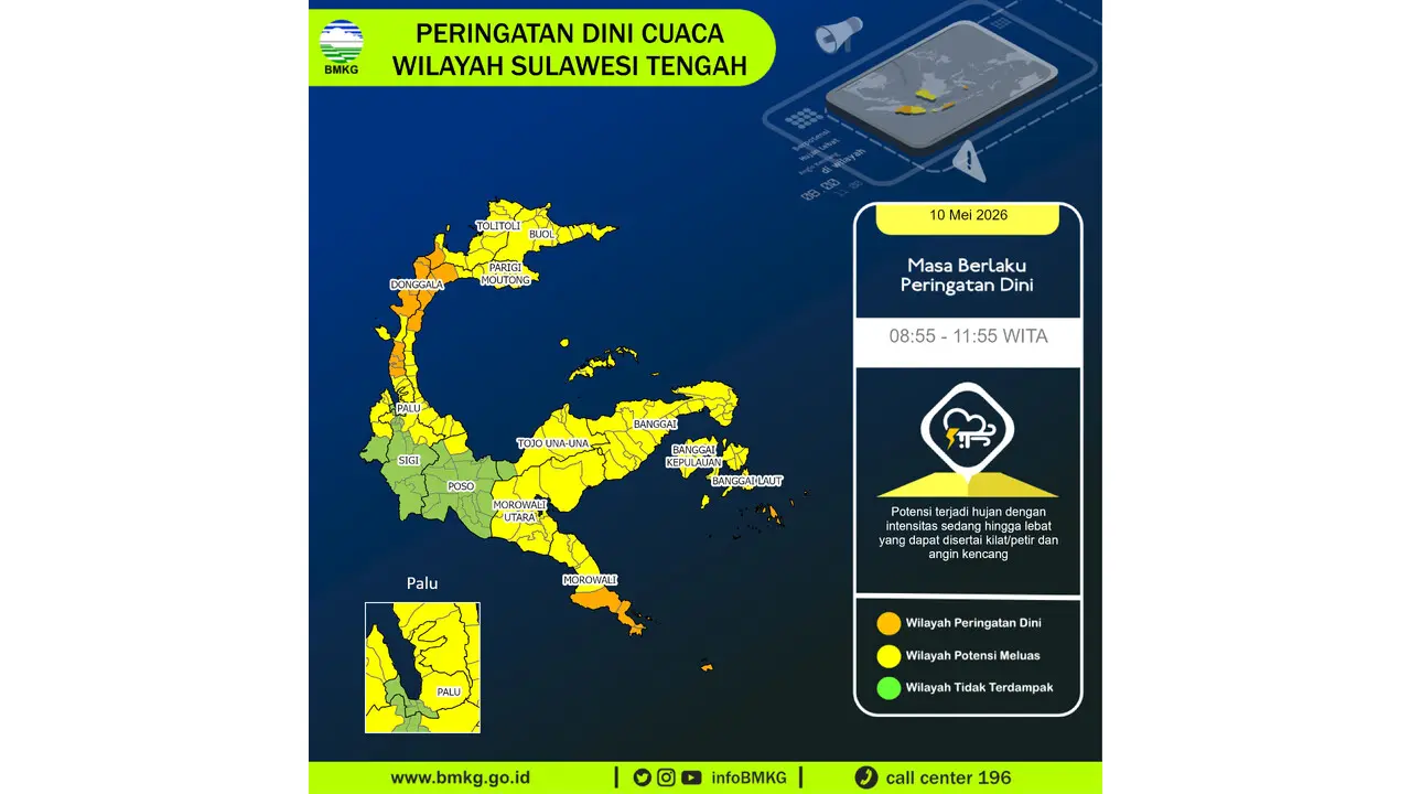Prakiraan Cuaca Sulteng, 10 Mei 2026: Sejumlah Wilayah Berpotensi Hujan Lebat Disertai Petir dan Angin Kencang