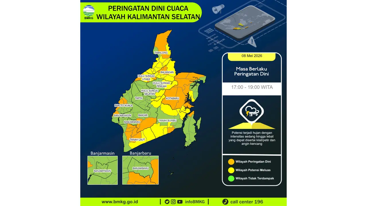 Prakiraan Cuaca Kalsel, 8 Mei 2026: Sejumlah Wilayah Berpotensi Hujan Lebat Disertai Petir dan Angin Kencang