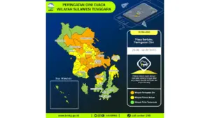 Prakiraan Cuaca Sultra, 5 Mei 2026: Sejumlah Wilayah Berpotensi Hujan Lebat Disertai Petir dan Angin Kencang