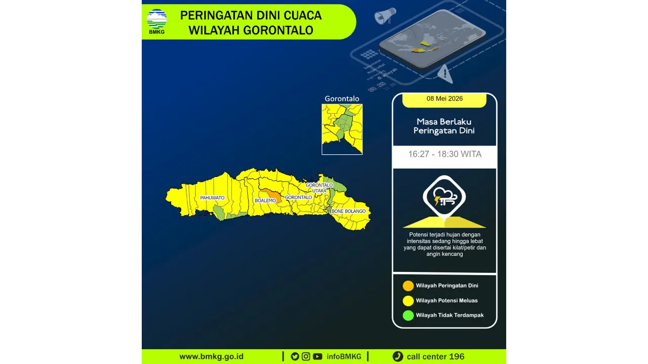 Prakiraan Cuaca Gorontalo, 8 Mei 2026: Sejumlah Wilayah Berpotensi Hujan Lebat Disertai Petir dan Angin Kencang