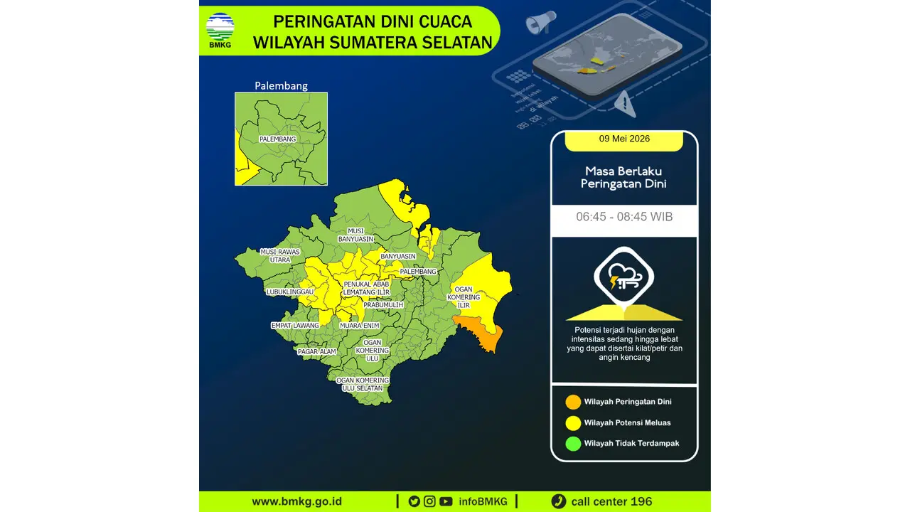 Prakiraan Cuaca Sumsel, 9 Mei 2026: Sejumlah Wilayah Berpotensi Hujan Lebat Disertai Petir dan Angin Kencang