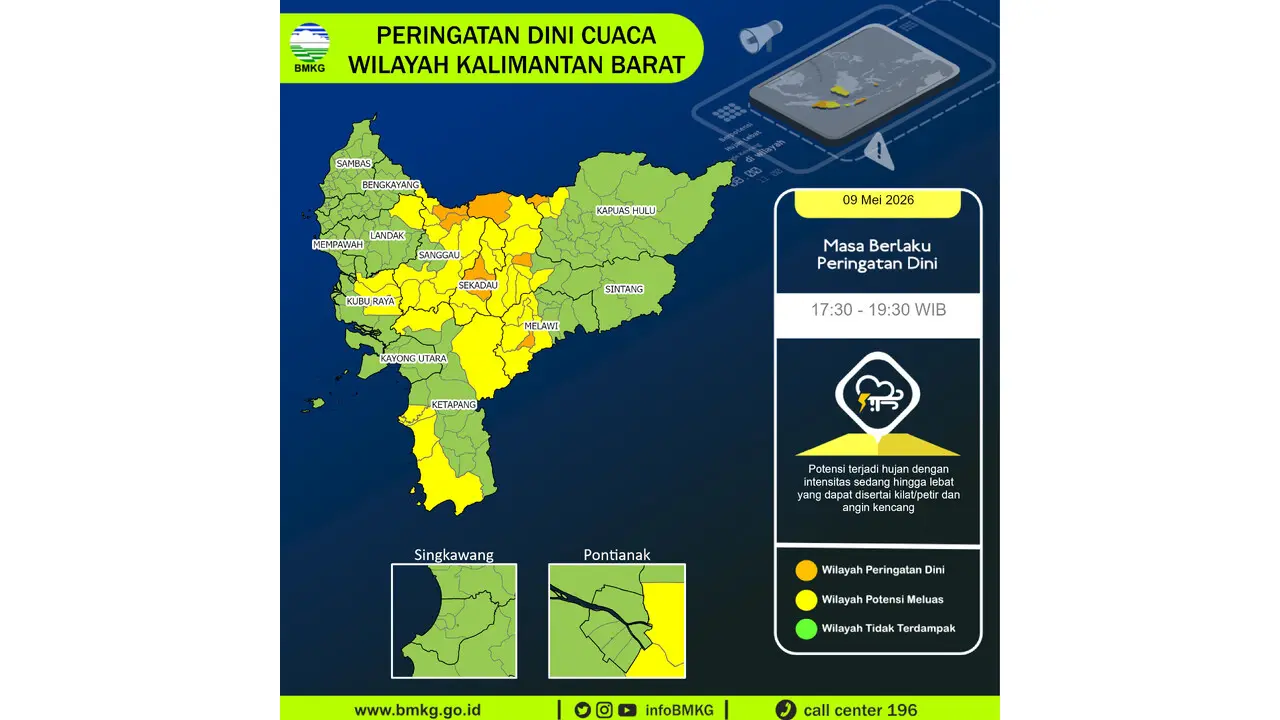 Prakiraan Cuaca Kalbar, 9 Mei 2026: Sejumlah Wilayah Berpotensi Hujan Lebat Disertai Petir dan Angin Kencang