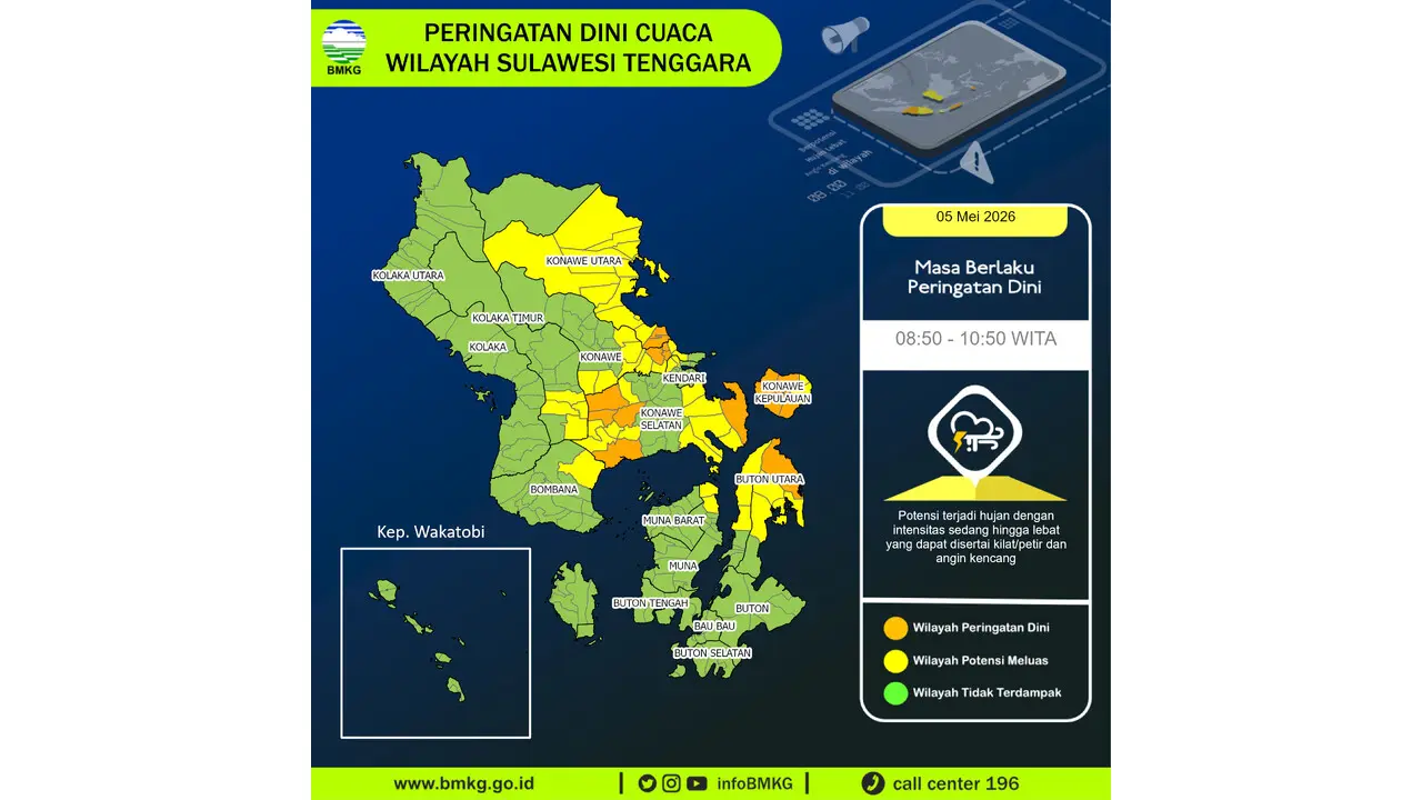Prakiraan Cuaca Sultra, 5 Mei 2026: Sejumlah Wilayah Berpotensi Hujan Lebat Disertai Petir dan Angin Kencang