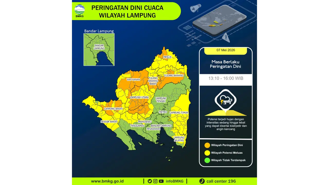 Prakiraan Cuaca Lampung, 7 Mei 2026: Sejumlah Wilayah Berpotensi Hujan Lebat Disertai Petir dan Angin Kencang