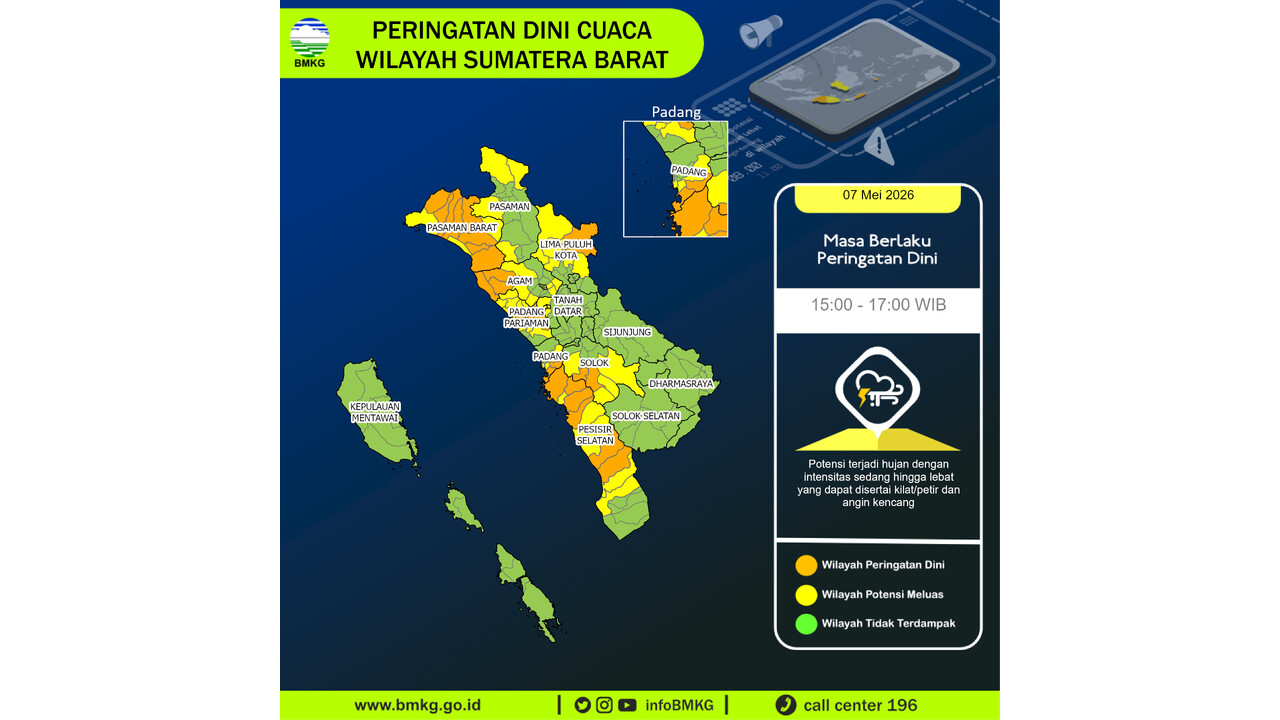 Prakiraan Cuaca Sumbar, 7 Mei 2026: Sejumlah Wilayah Berpotensi Hujan Lebat Disertai Petir dan Angin Kencang