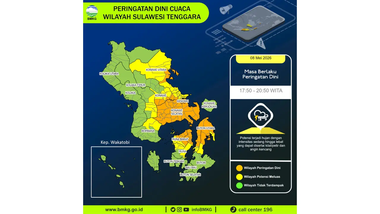 Prakiraan Cuaca Sultra, 8 Mei 2026: Sejumlah Wilayah Berpotensi Hujan Lebat Disertai Petir dan Angin Kencang