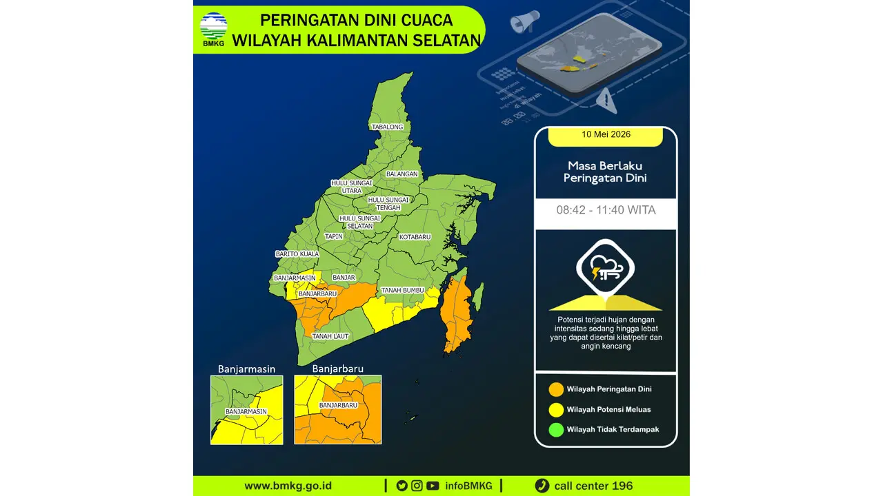Prakiraan Cuaca Kalsel, 10 Mei 2026: Sejumlah Wilayah Berpotensi Hujan Lebat Disertai Petir dan Angin Kencang