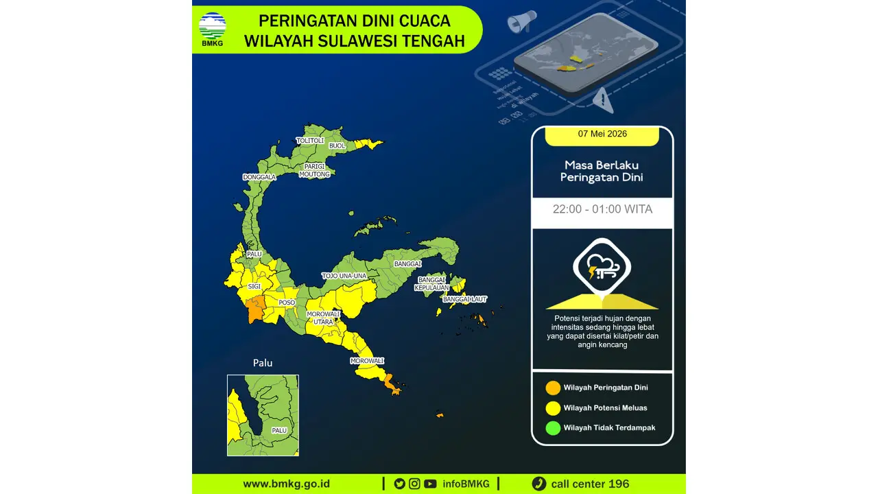 Prakiraan Cuaca Sulteng, 7 Mei 2026: Sejumlah Wilayah Berpotensi Hujan Lebat Disertai Petir dan Angin Kencang