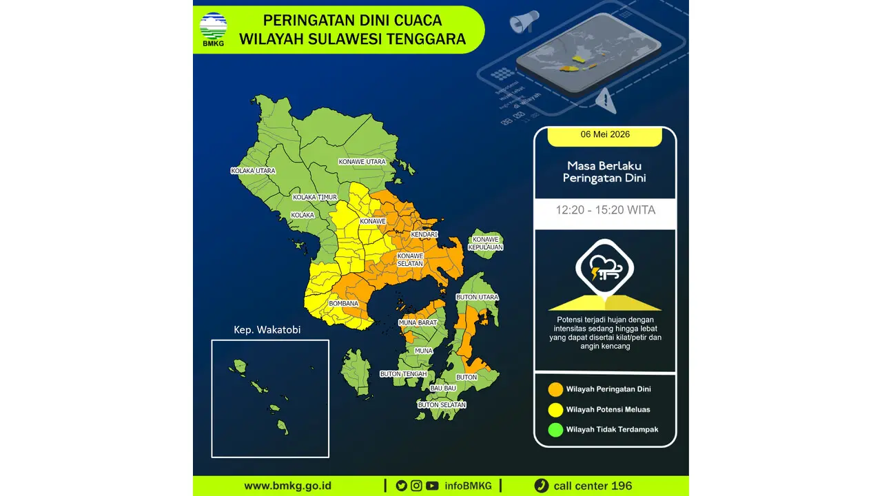 Prakiraan Cuaca Sultra, 6 Mei 2026: Sejumlah Wilayah Berpotensi Hujan Lebat Disertai Petir dan Angin Kencang