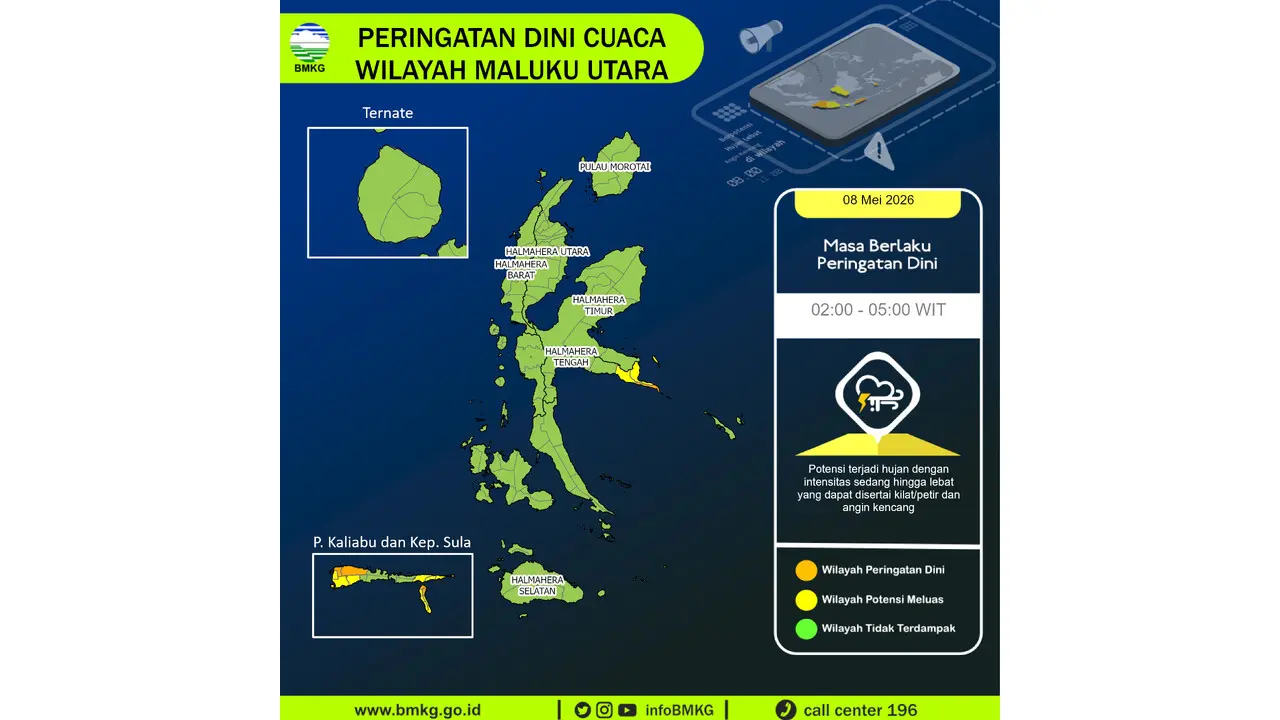 Prakiraan Cuaca Malut, 8 Mei 2026: Sejumlah Wilayah Berpotensi Hujan Lebat Disertai Petir dan Angin Kencang
