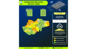 Prakiraan Cuaca Jambi, 4 Mei 2026: Sejumlah Wilayah Berpotensi Hujan Lebat Disertai Petir dan Angin Kencang