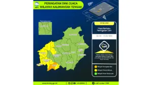 Prakiraan Cuaca Kalteng, 8 Mei 2026: Sejumlah Wilayah Berpotensi Hujan Lebat Disertai Petir dan Angin Kencang