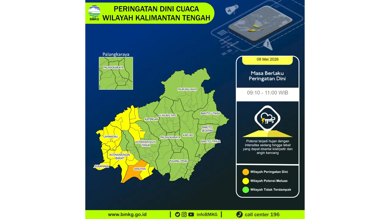 Prakiraan Cuaca Kalteng, 8 Mei 2026: Sejumlah Wilayah Berpotensi Hujan Lebat Disertai Petir dan Angin Kencang