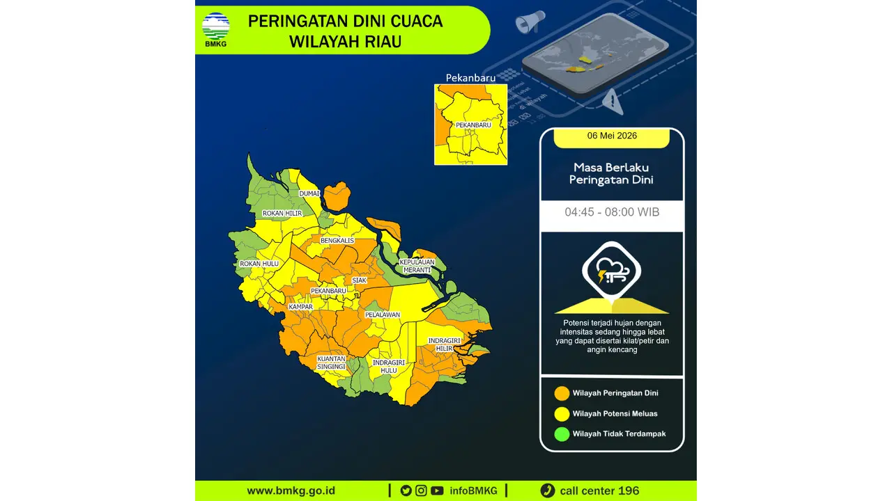 Prakiraan Cuaca Riau, 6 Mei 2026: Sejumlah Wilayah Berpotensi Hujan Lebat Disertai Petir dan Angin Kencang