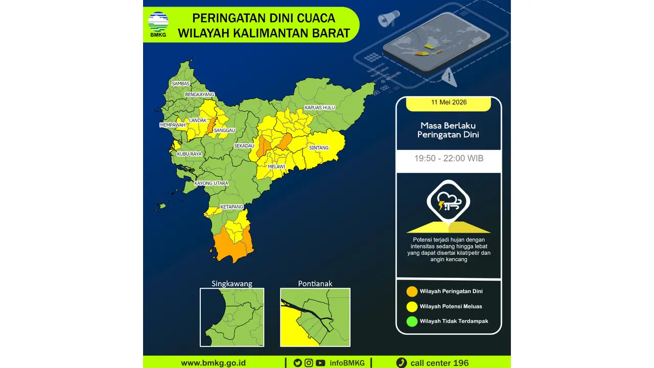 Prakiraan Cuaca Kalbar, 11 Mei 2026: Sejumlah Wilayah Berpotensi Hujan Lebat Disertai Petir dan Angin Kencang