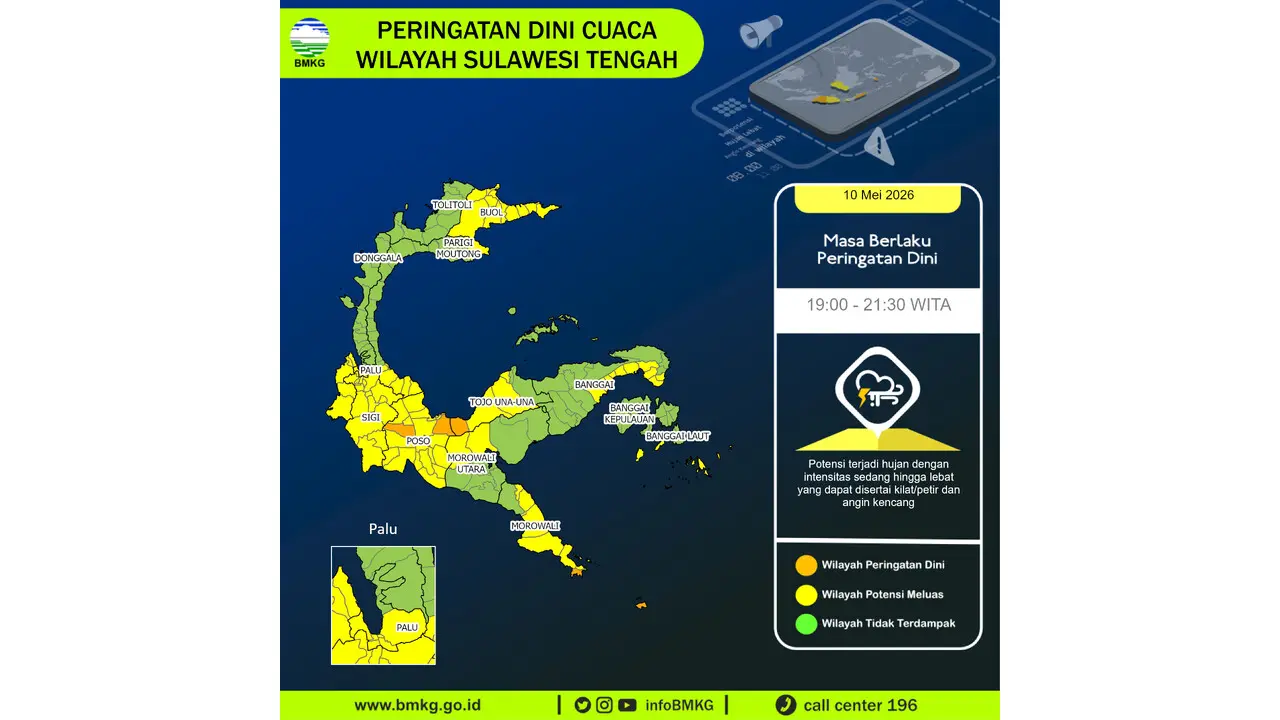 Prakiraan Cuaca Sulteng, 10 Mei 2026: Sejumlah Wilayah Berpotensi Hujan Lebat Disertai Petir dan Angin Kencang