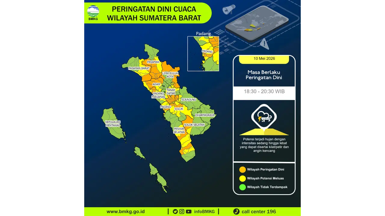 Prakiraan Cuaca Sumbar, 10 Mei 2026: Sejumlah Wilayah Berpotensi Hujan Lebat Disertai Petir dan Angin Kencang
