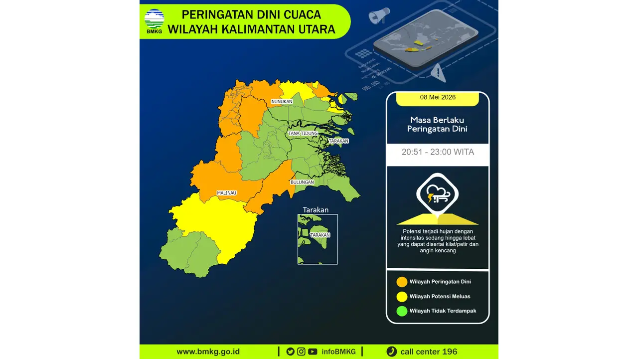 Prakiraan Cuaca Kaltara, 8 Mei 2026: Sejumlah Wilayah Berpotensi Hujan Lebat Disertai Petir dan Angin Kencang