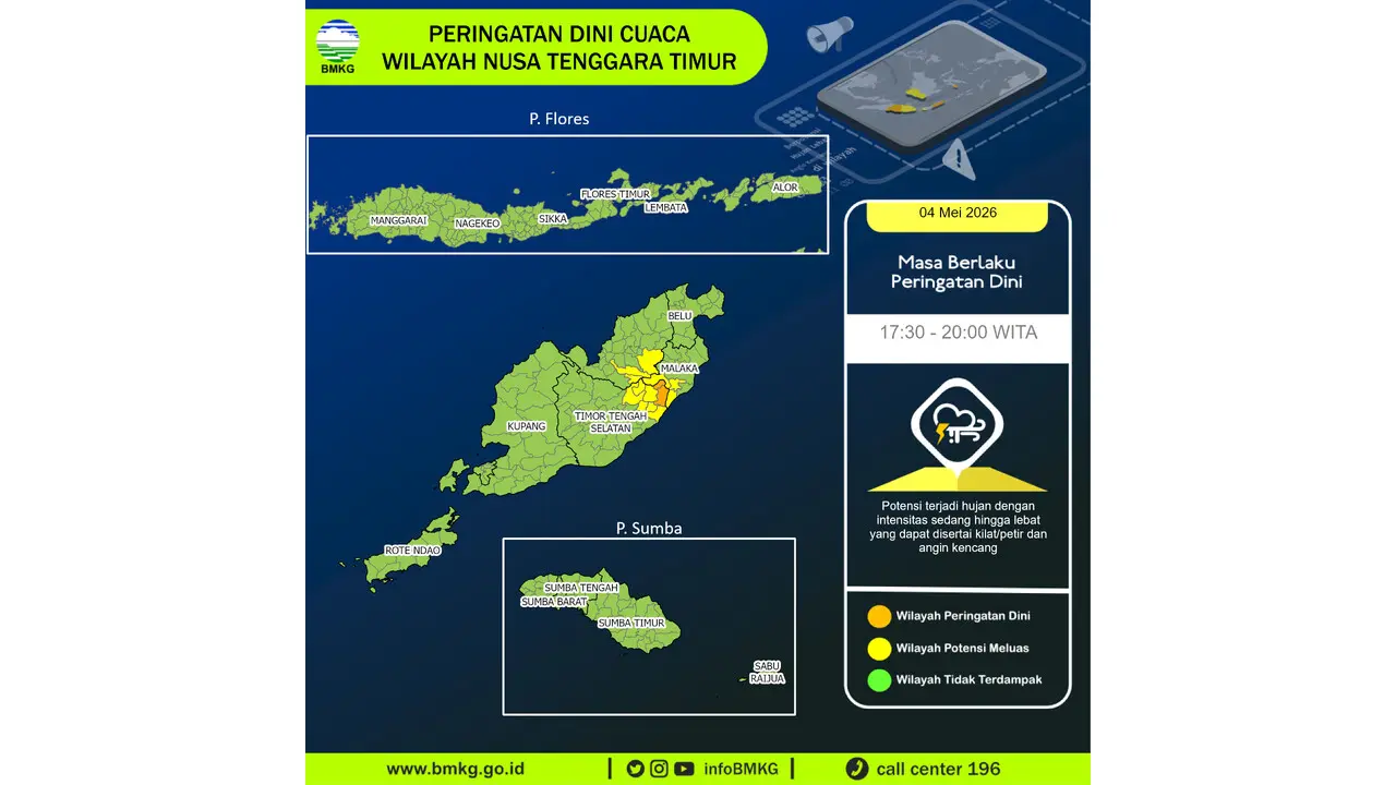 Prakiraan Cuaca Nusa Tenggara Timur, 5 Mei 2026: Sejumlah Wilayah Berpotensi Hujan Lebat Disertai Petir dan Angin Kencang