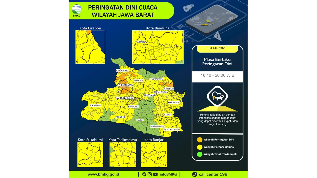 Prakiraan Cuaca Jabar, 5 Mei 2026: Sejumlah Wilayah Berpotensi Hujan Lebat Disertai Petir dan Angin Kencang