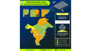 Prakiraan Cuaca Kaltim, 6 Mei 2026: Sejumlah Wilayah Berpotensi Hujan Lebat Disertai Petir dan Angin Kencang