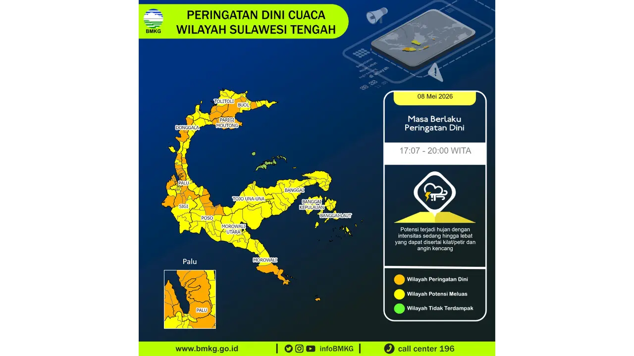 Prakiraan Cuaca Sulteng, 8 Mei 2026: Sejumlah Wilayah Berpotensi Hujan Lebat Disertai Petir dan Angin Kencang