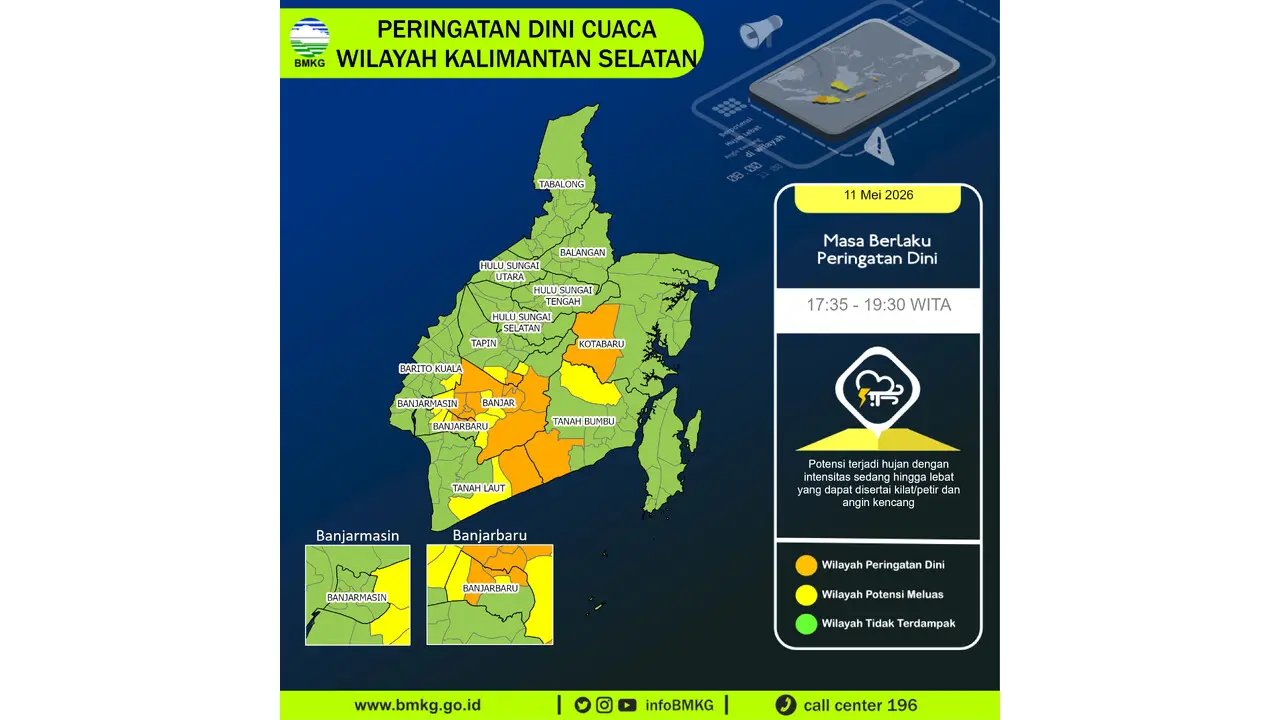 Prakiraan Cuaca Kalsel, 11 Mei 2026: Sejumlah Wilayah Berpotensi Hujan Lebat Disertai Petir dan Angin Kencang