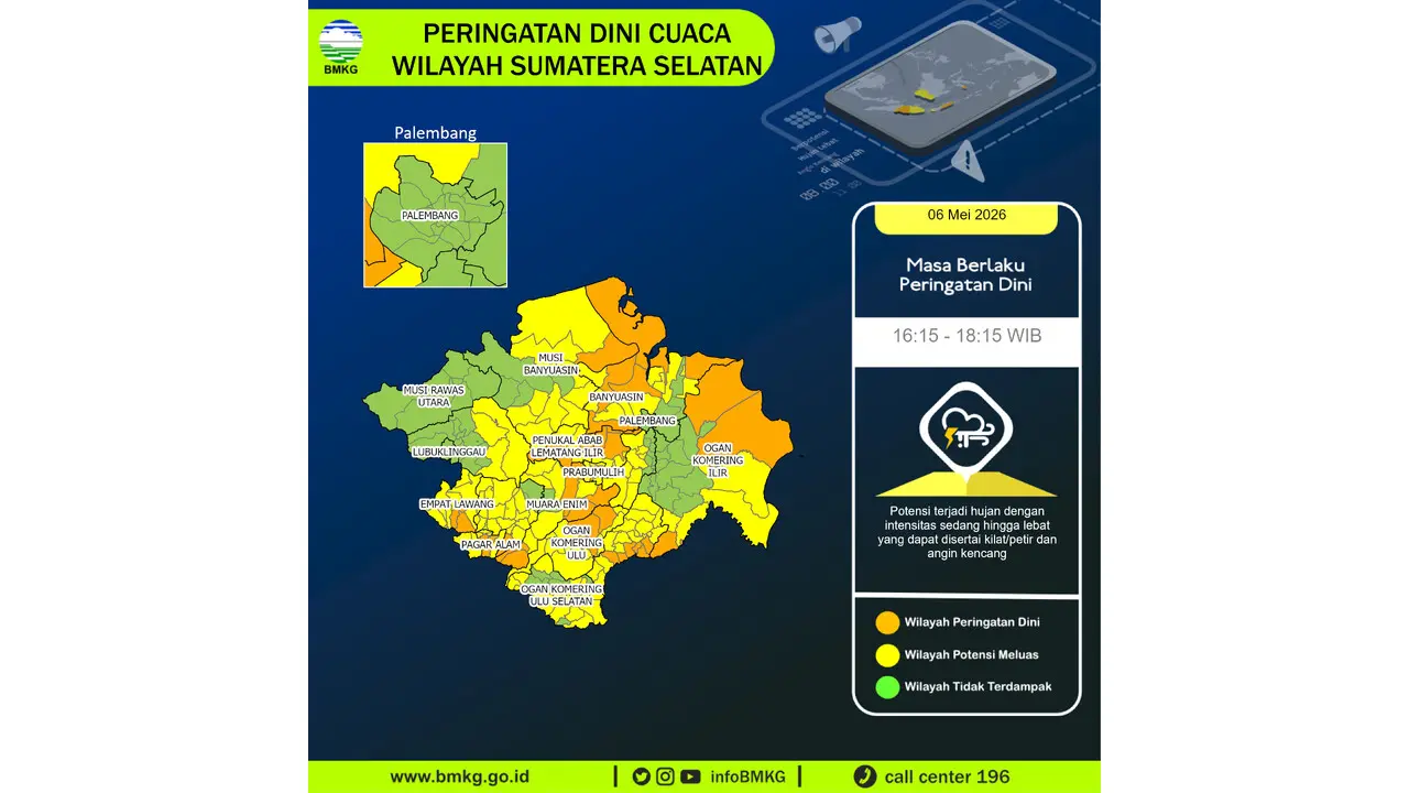 Prakiraan Cuaca Sumsel, 6 Mei 2026: Sejumlah Wilayah Berpotensi Hujan Lebat Disertai Petir dan Angin Kencang