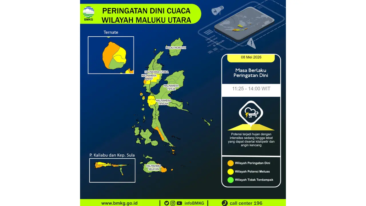 Prakiraan Cuaca Malut, 8 Mei 2026: Sejumlah Wilayah Berpotensi Hujan Lebat Disertai Petir dan Angin Kencang