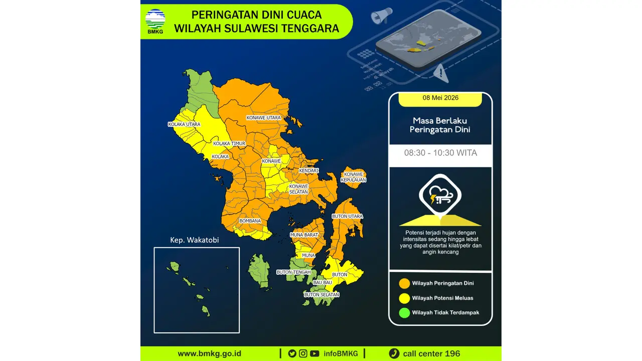 Prakiraan Cuaca Sultra, 8 Mei 2026: Sejumlah Wilayah Berpotensi Hujan Lebat Disertai Petir dan Angin Kencang