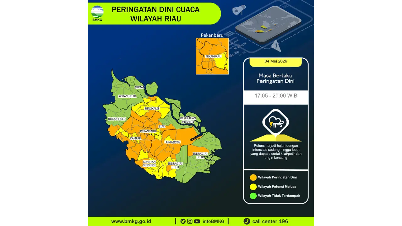 Prakiraan Cuaca Riau, 5 Mei 2026: Sejumlah Wilayah Berpotensi Hujan Lebat Disertai Petir dan Angin Kencang